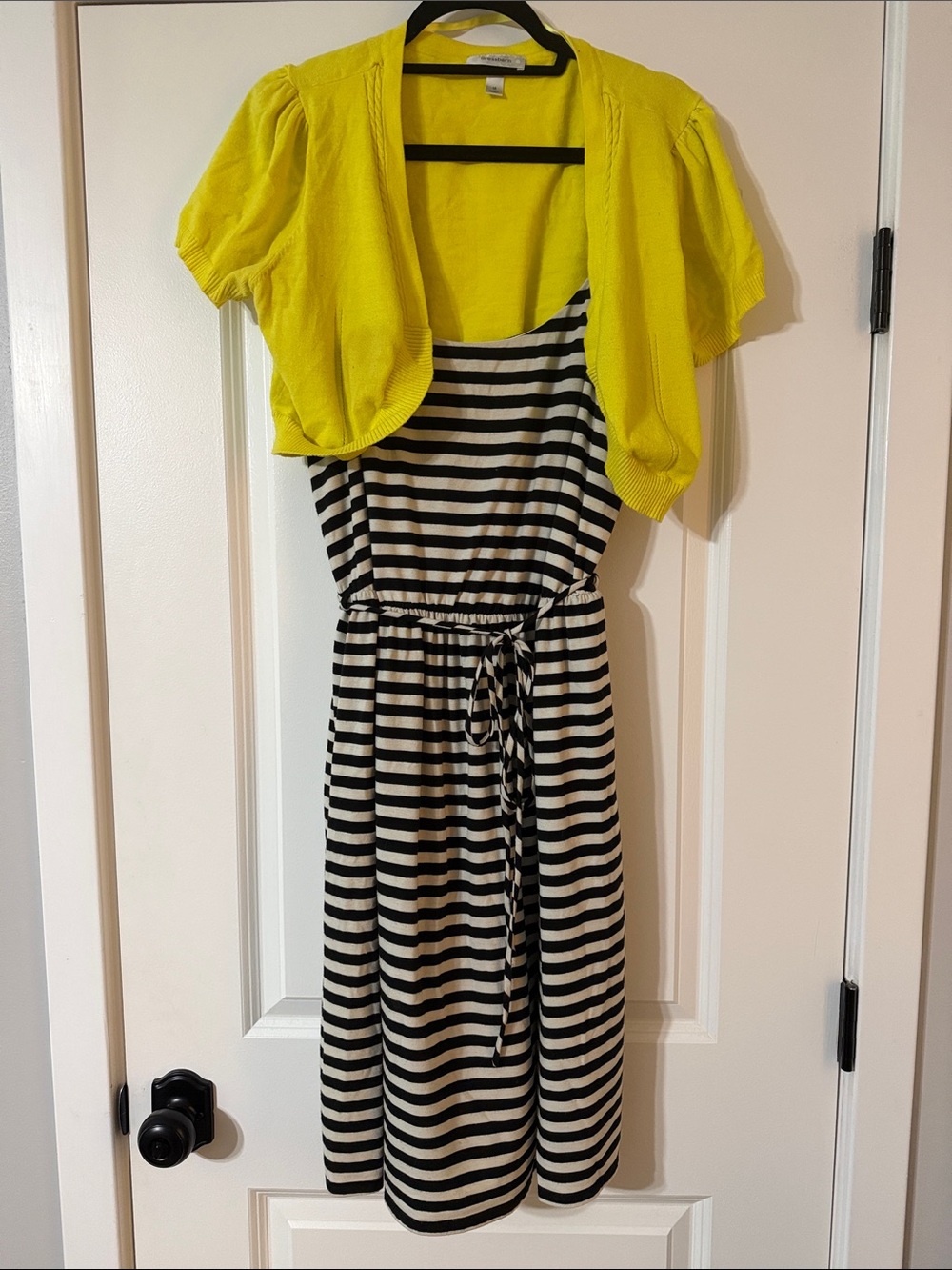 Dress Barn Black & White Striped Midi Dress with Yellow Bolero